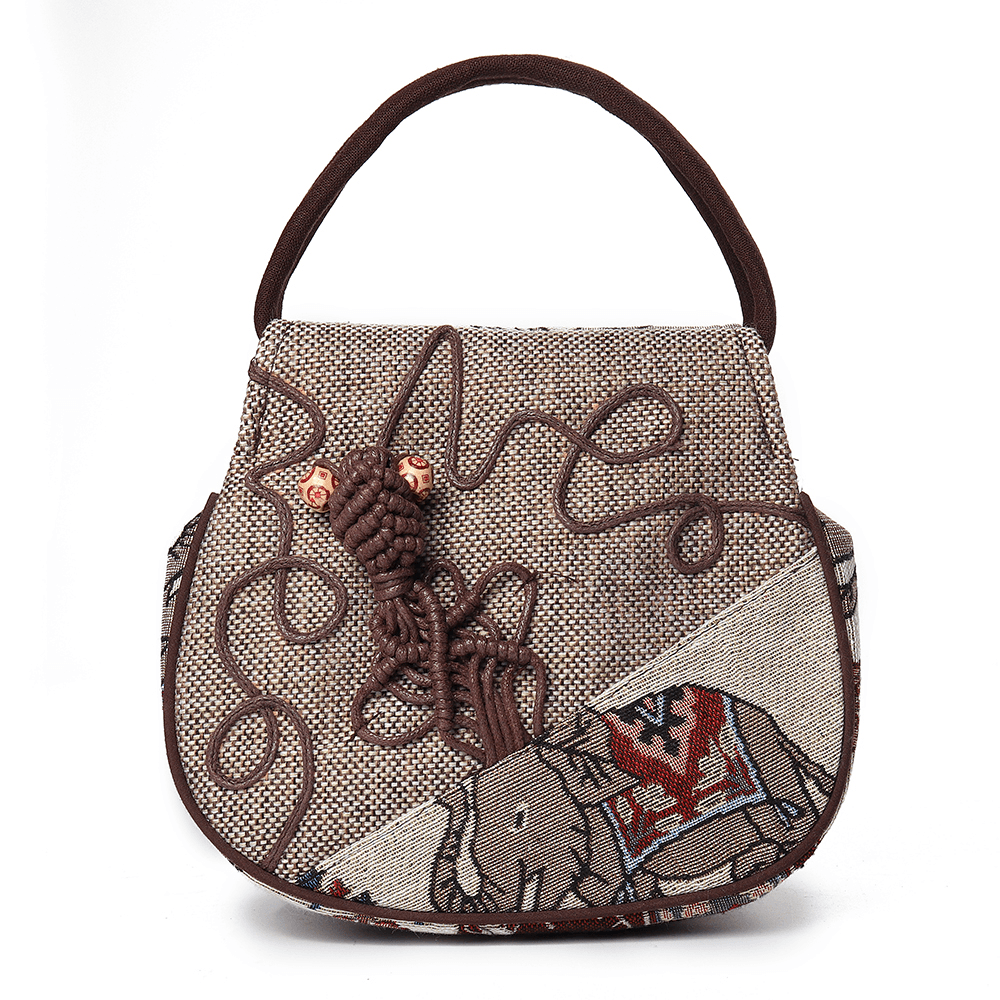 Women Ethnic Linen Elephant Pattern Double Zipper Handbag - MRSLM