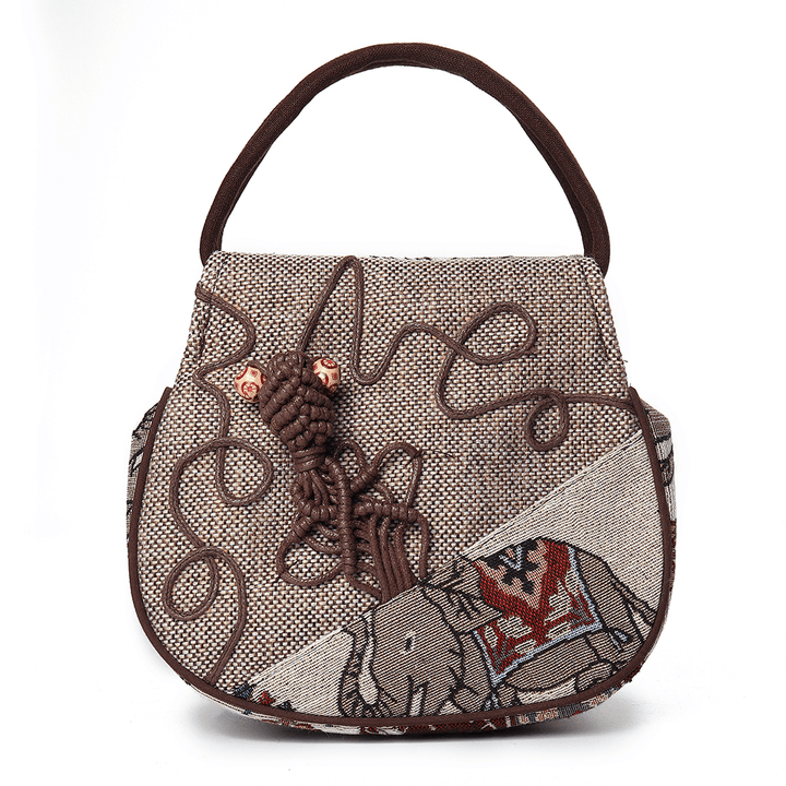 Women Ethnic Linen Elephant Pattern Double Zipper Handbag - MRSLM