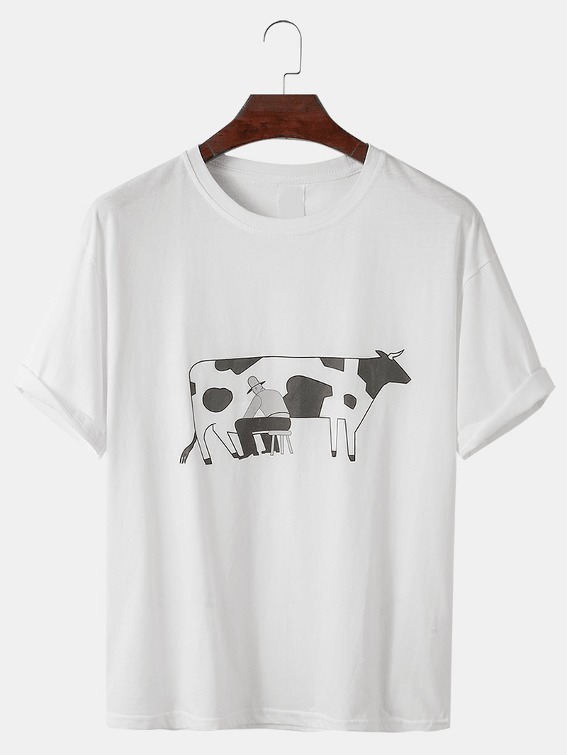 Cotton Cartoon Milking Print round Neck Short Sleeve Loose T-Shirts - MRSLM