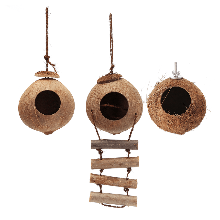 Hanging Lanyard Ladder Bird Nest House Natural Coconut Shell Shape Pet Bed Parakeets Finches Sparrows Parrots Cage - MRSLM