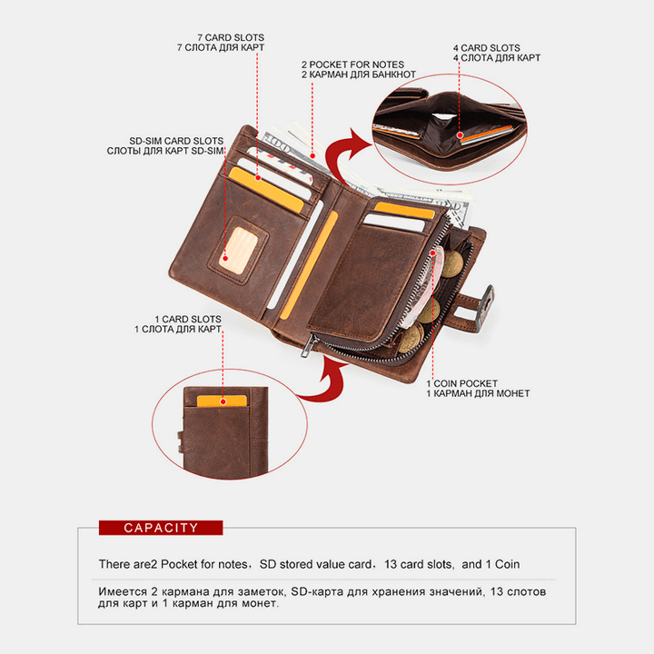 Men Genuine Leather RFID Anti-Theft Vintage Retro Business Multi Card Slot Leather Card Holder Wallet - MRSLM