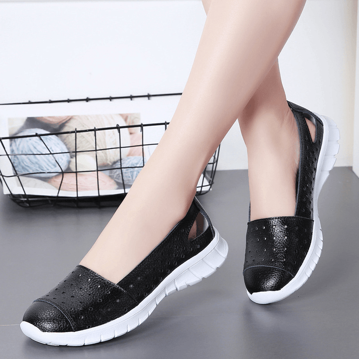 Women Leather Hollow Comfy Breathable Soft Casual Flats - MRSLM
