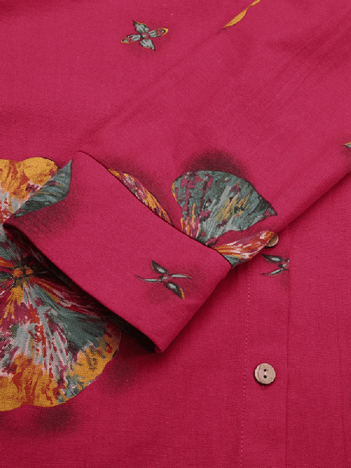 Women Cotton Flowers Print Kaftan Long Sleeve Retro Shirt Dress - MRSLM