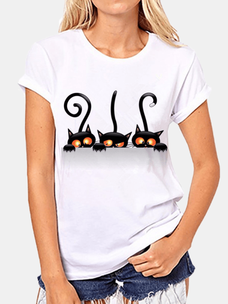 Casual Cat Print Crew Neck Short Sleeve Loose T-Shirts - MRSLM