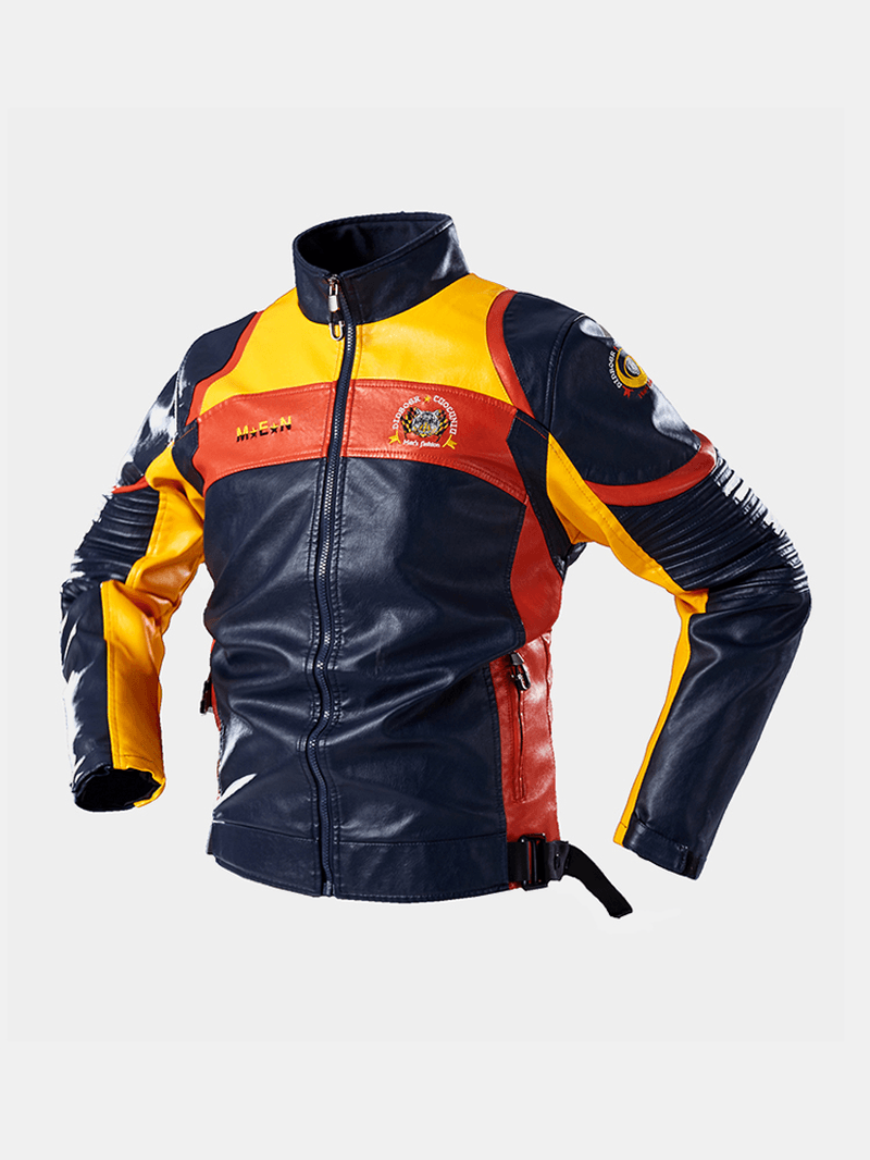 Mens Embroidery Patchwork PU Leather Motorcycle Long Sleeve Jacket - MRSLM