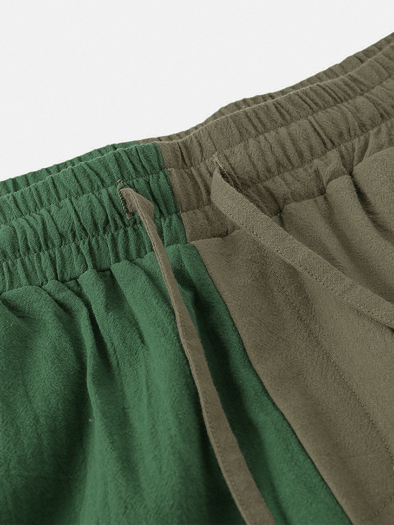 Mens 100% Cotton Color Block Elastic Waist Breathable Casual Pants - MRSLM
