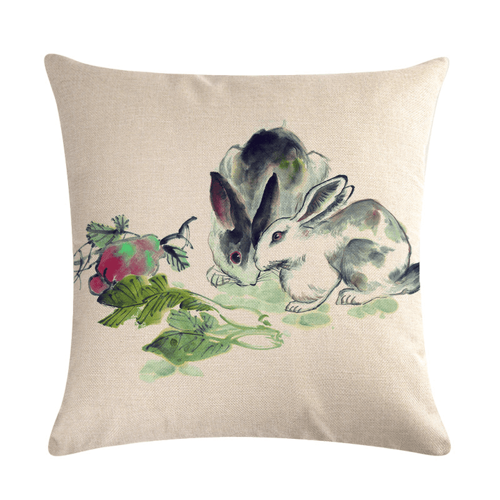 Chinese Watercolor Rabbit Printing Linen Cotton Throw Pillow Cover Home Sofa Office Seat Pillow Case - MRSLM