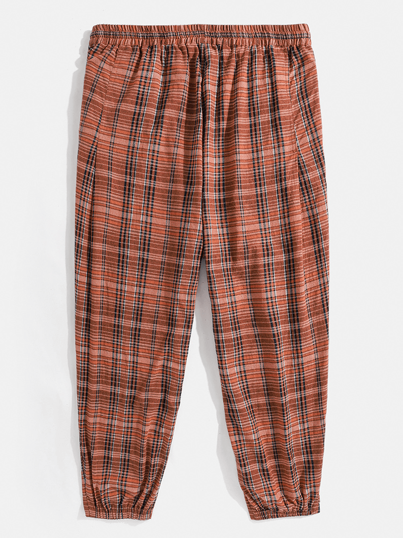 Mens 100% Cotton Classic Plaid Drawstring Casual Harem Pants with Pocket - MRSLM