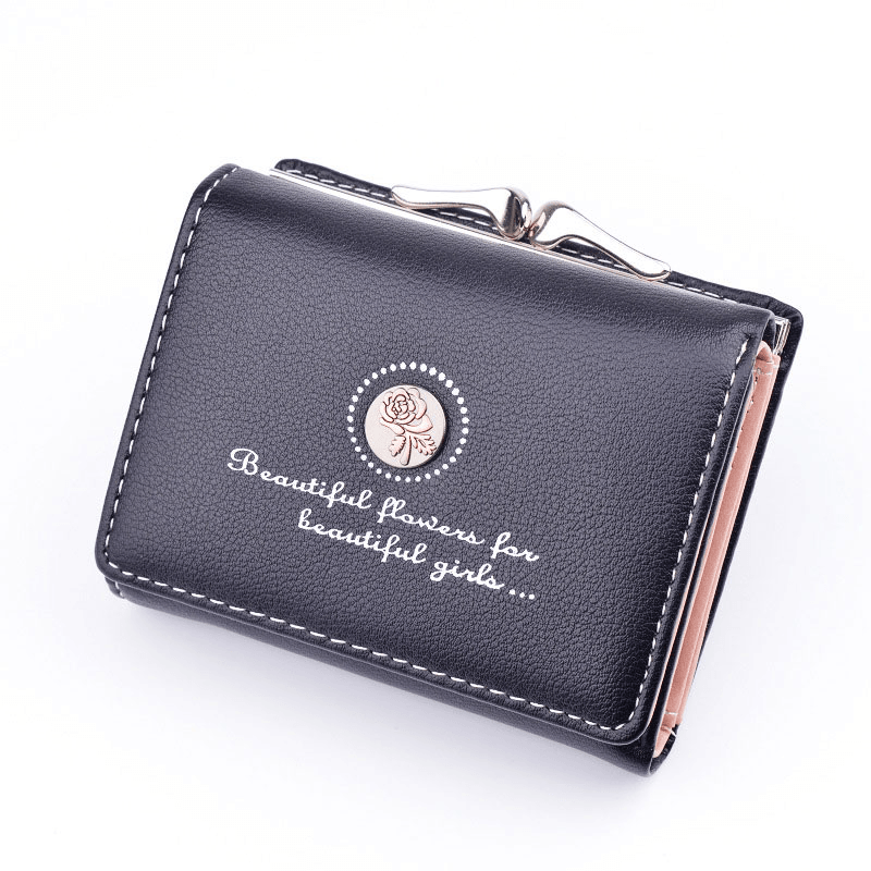 Women PU Leather Floral Clutch Short Solid Buckle Ladies Wallet Mini Portable Credit Card Purse - MRSLM