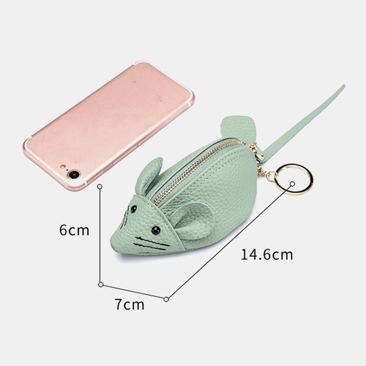 Women Genuine Leather Casual Cute Animal Mouse Pattern Mini Keychain Coin Bag Storage Bag - MRSLM