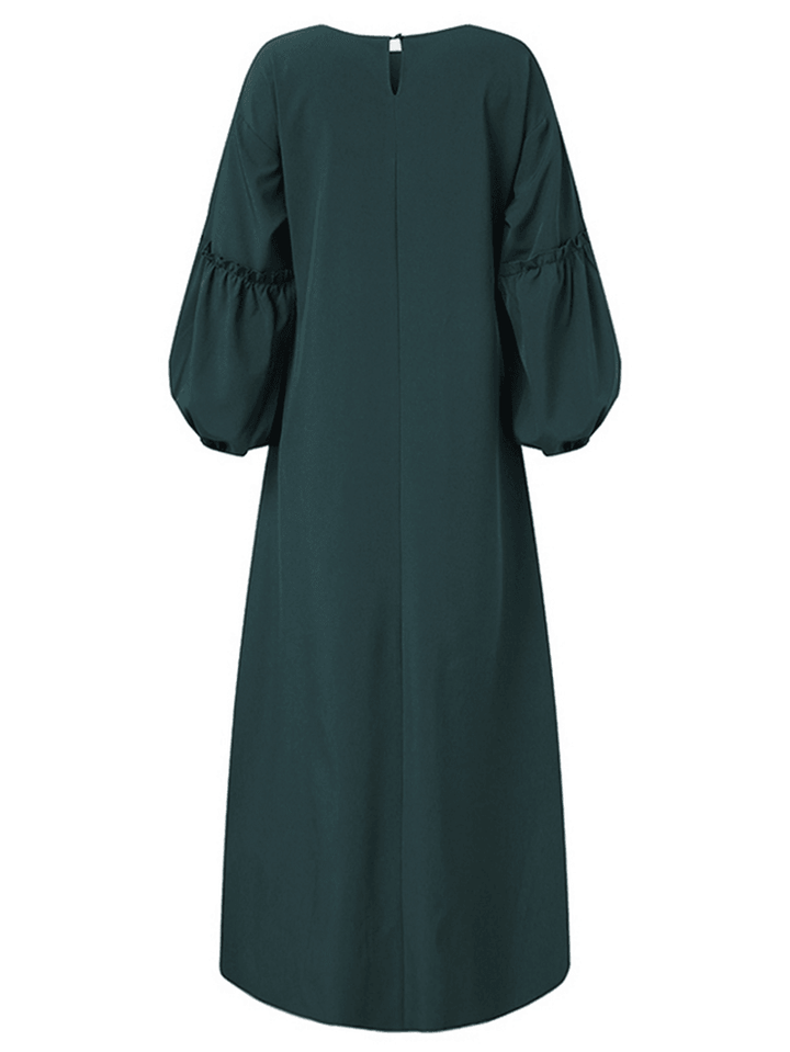 Women Long Sleeve Solid Color Belted O-Neck Button Maxi Dress - MRSLM