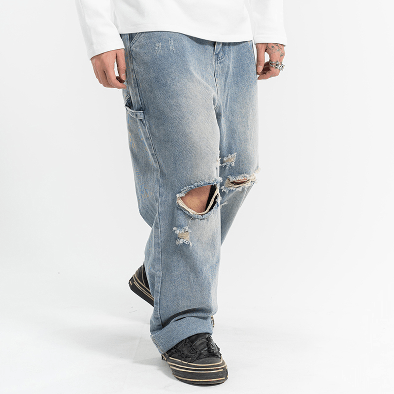 Ripped Casual All-Match Jeans Men'S Straight Wash Water Loose Mopping Daddy Pants - MRSLM