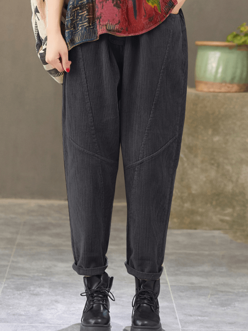 Women Corduroy Elastic Waist Side Pockets Solid Color Ankle Length Casual Pants - MRSLM