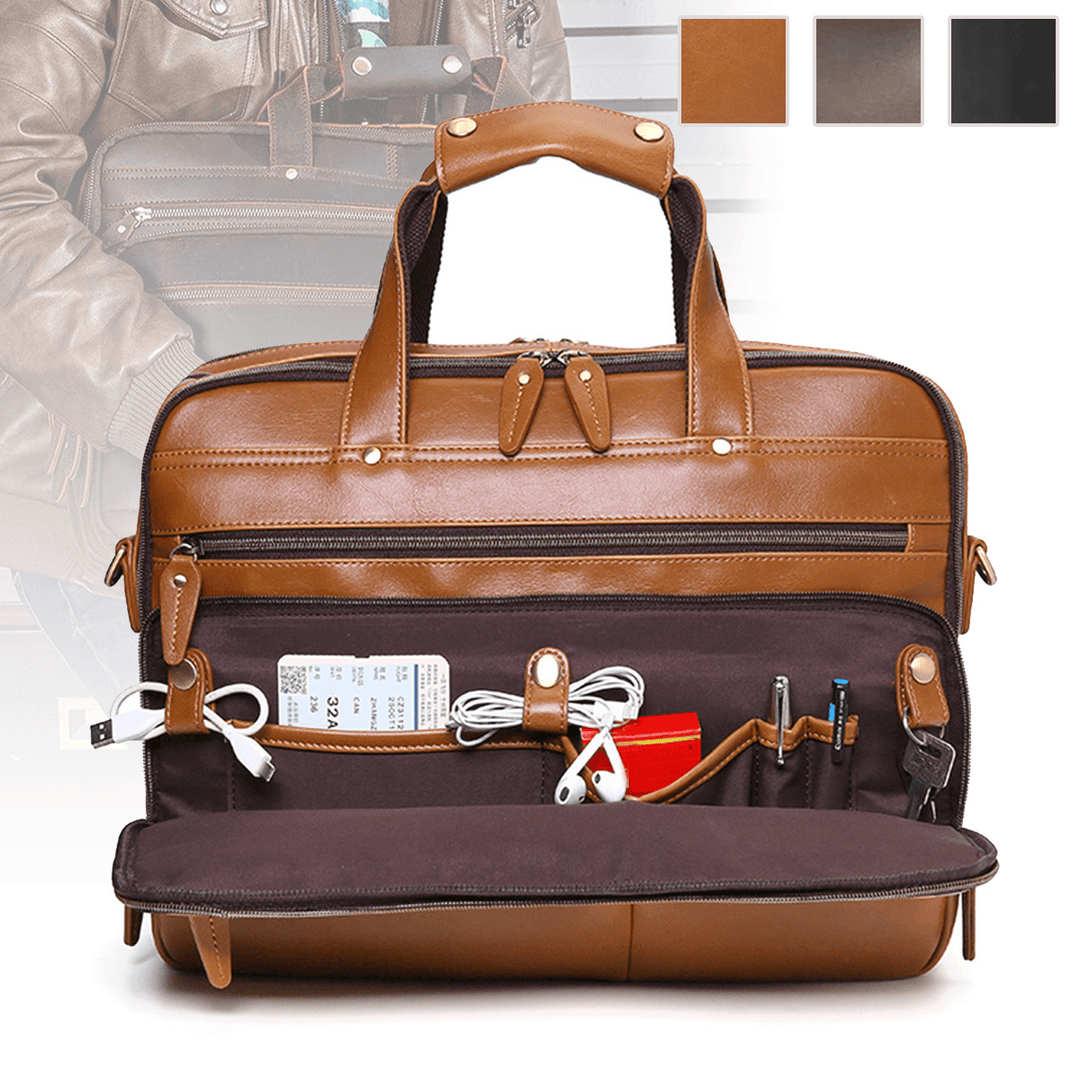 E Ekphero Men PU Leather Multifunction Large Capacity Vintage 14 Inch Laptop Bag Multi-Layers Briefcase Handbag Crossbody Bag - MRSLM