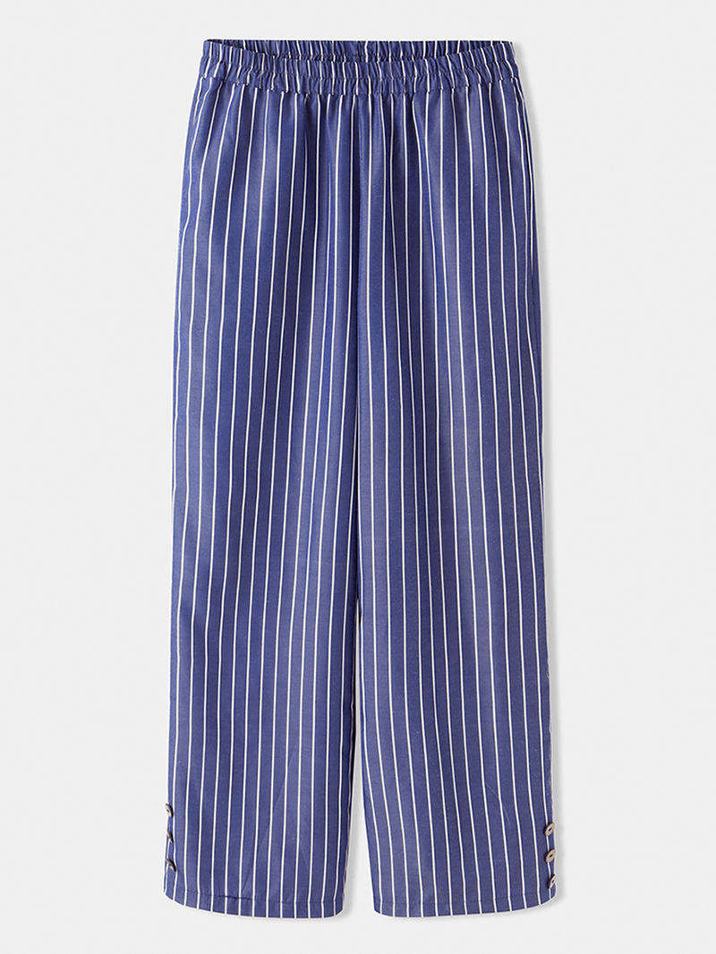 Women Vertical Stripe Print Casual Elastic Waist Loose Side Button Pants - MRSLM