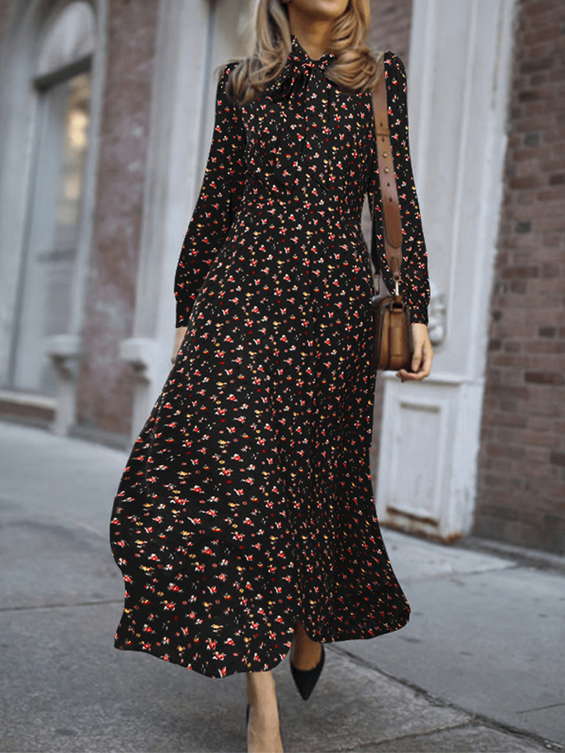 Women Floral Print Lace-Up Long Sleeve Side Zipper Casual Daily Maxi Dress - MRSLM