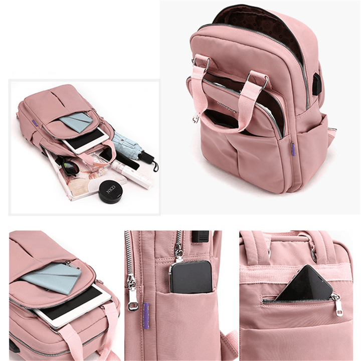 Women Nylon Waterproof Casual Patchwork Backpack with USB Charging Port for Outdoor School - MRSLM