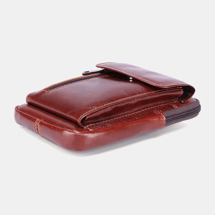 Men Flap-Over Front Zipper Pocket Belt Bag Sport Casual 6.3 Inch Phone Bag Genuine Leather Waist Bag - MRSLM