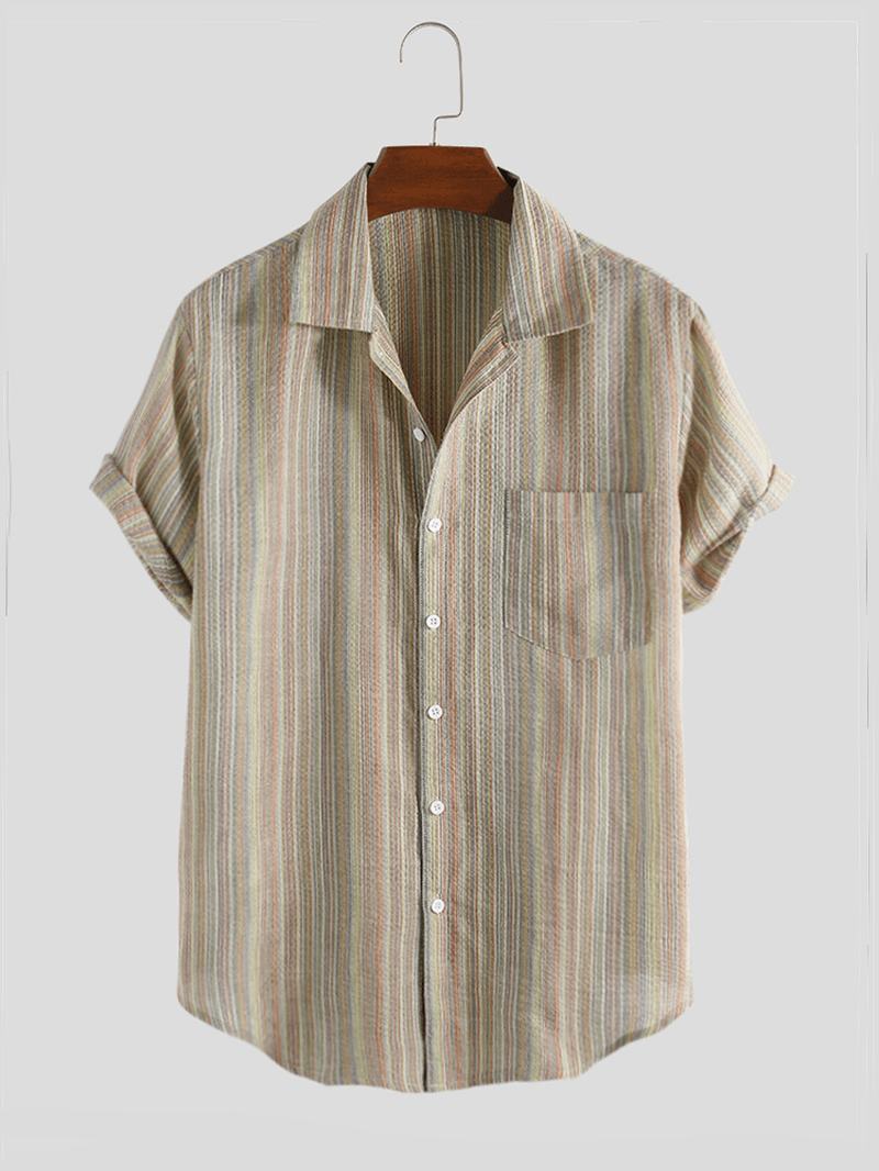 Men Cotton Vertical Stripe Short Sleeve Shirts - MRSLM