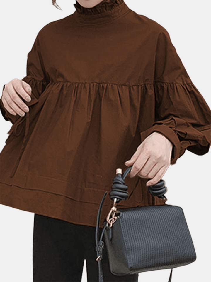 Women Vintage Solid Color Cotton Back Lace-Up Ruffle Collar Peasant Blouse - MRSLM