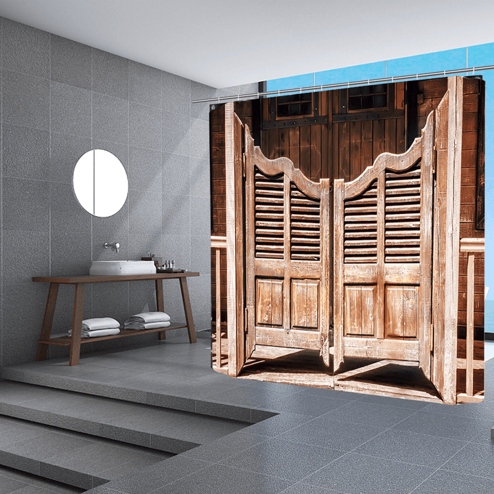 Old Wooden Door Retro Bath Pedestal Rug Lid Toilet Cover Mat Shower Curtain - MRSLM