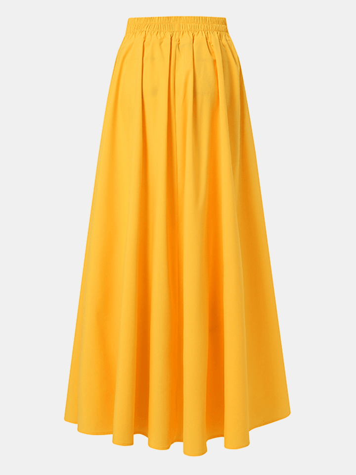 Women Solid Color A-Line Elastic Waist Casual Swing Skirts with Pocket - MRSLM