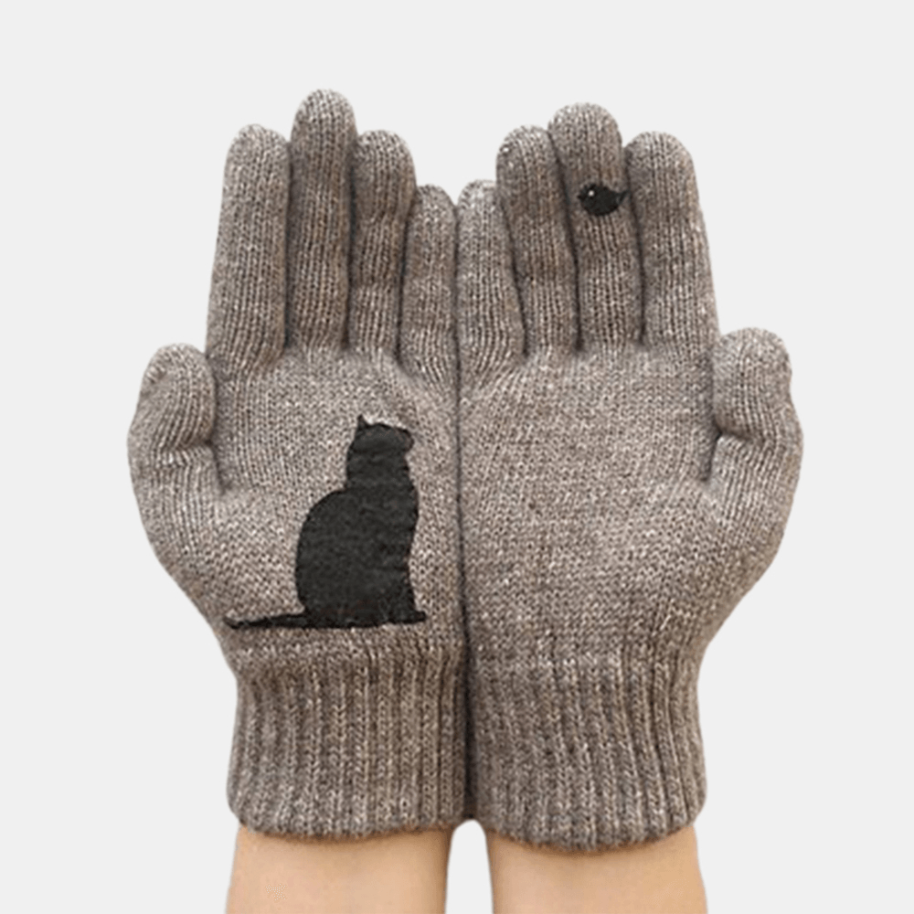 Women'S Wool Gloves Autumn Winter Outdoor Warm Cold Padded Cat Bird Print Glove - MRSLM