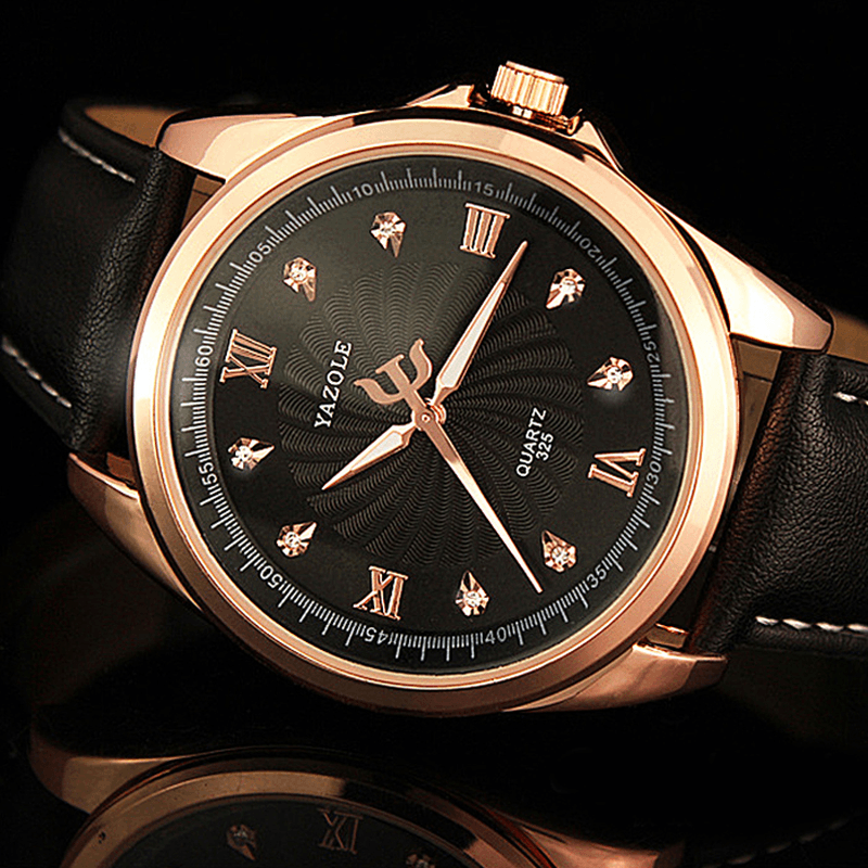 YAZOLE 325 Men Crystal Rose Gold Case Leather Band Luminous Display Quartz Watch - MRSLM