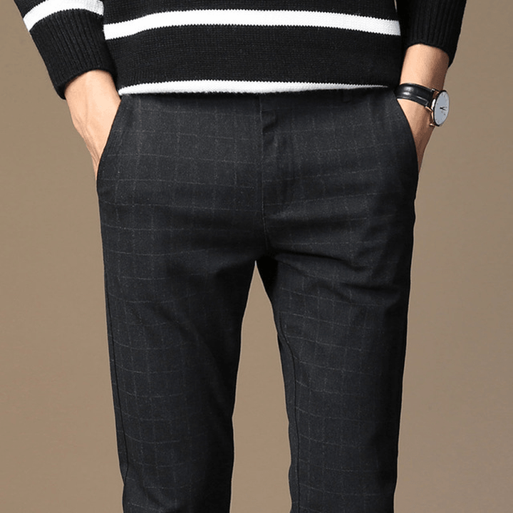 Men'S Plaid Pants Small Straight Stretch Youth Fashion Sanding Casual Pants Trousers - MRSLM