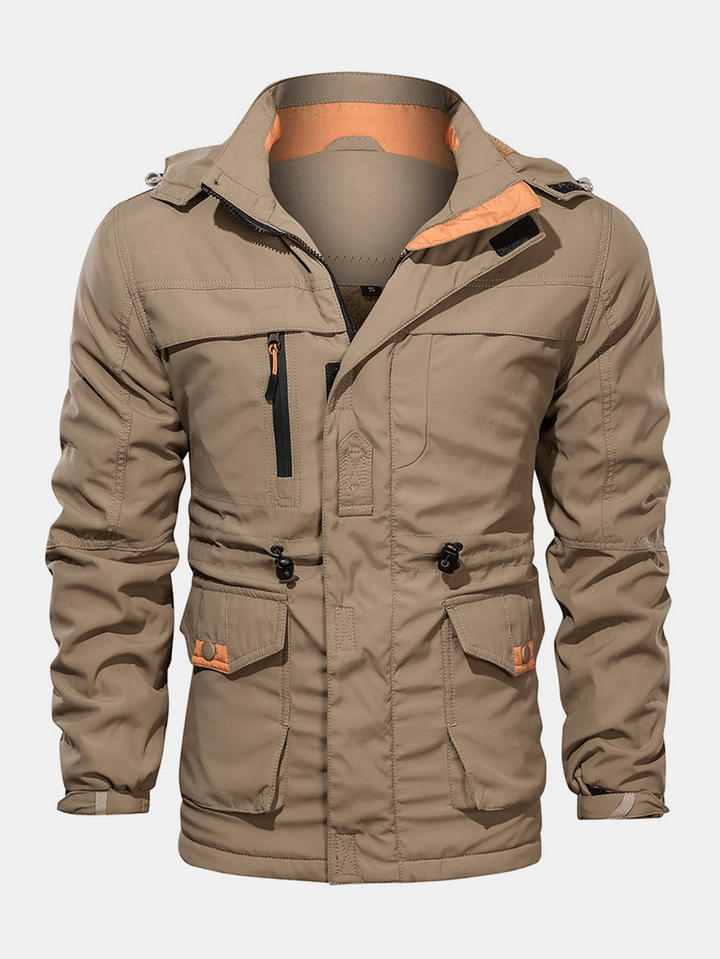 Mens Cotton Pocket Zip-Up Thick Lined Drawstring Waist Hooded Jacket - MRSLM