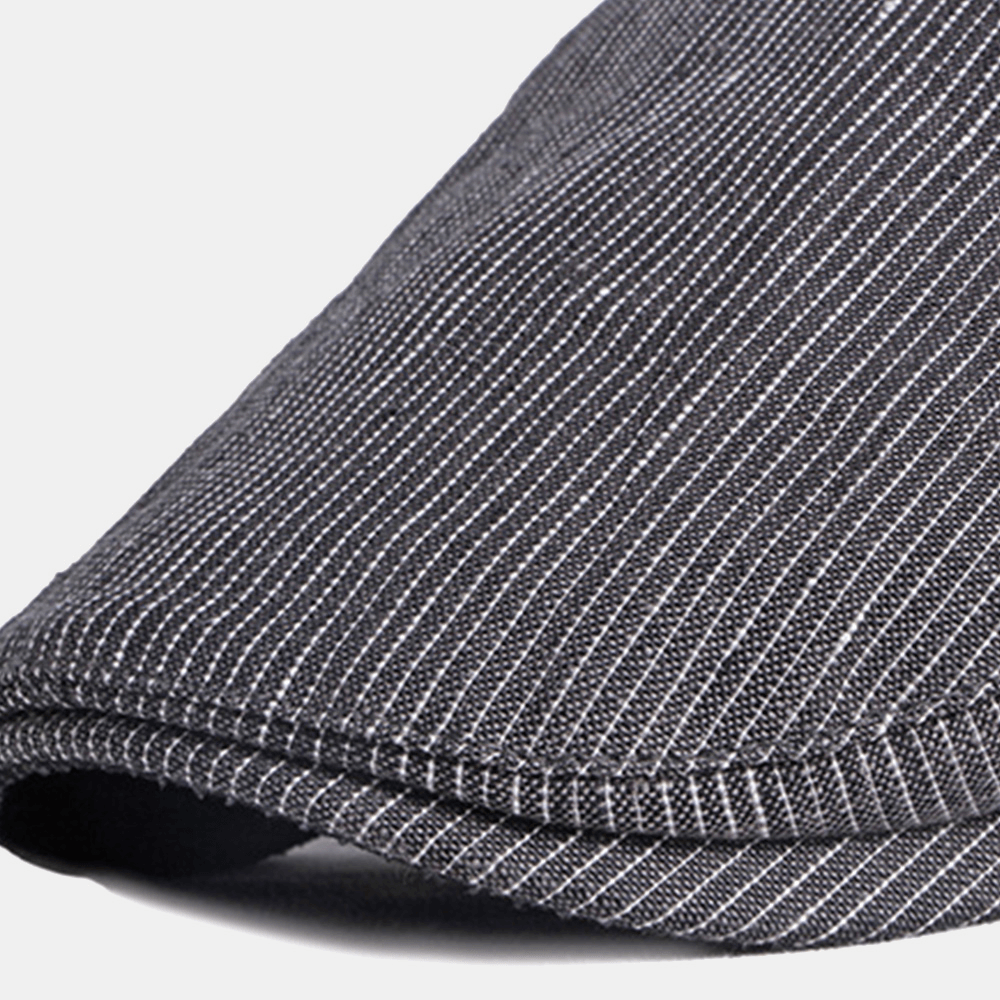 Men Cotton Linen Pinstripe Beret Cap British Retro Metal Label Adjustable Casual Flat Cap - MRSLM