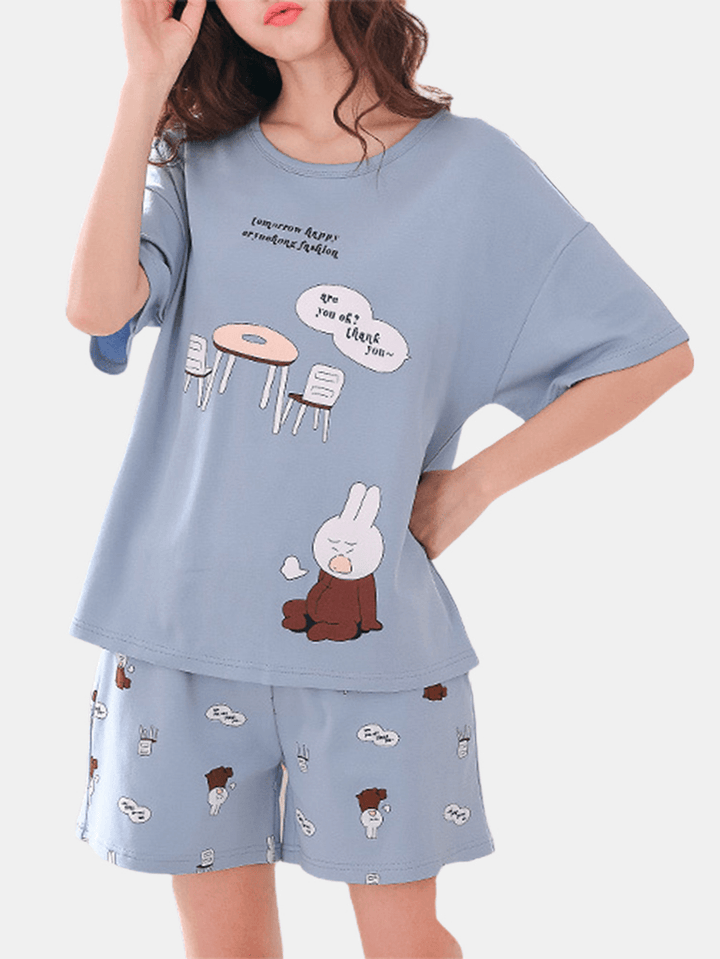 Cute Cartoon Print Short Sleeve Loose Two Piece Pajama Set for Women - MRSLM