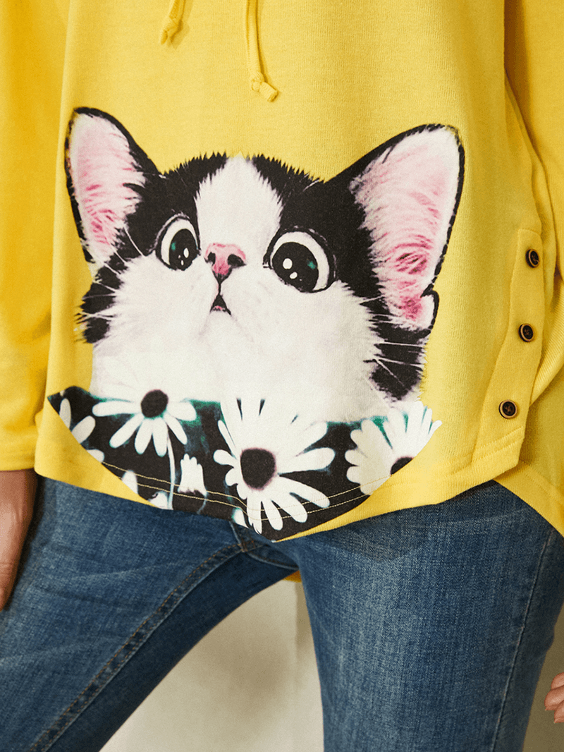 Cartoon Cat Flower Print Side Button Drawstring Curved Hem Pullover Hoodie for Women - MRSLM