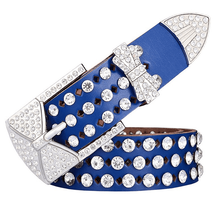 Women'S Leather Hollow Leather Belt with Rhinestones and Butterfly Pin Buckle - MRSLM