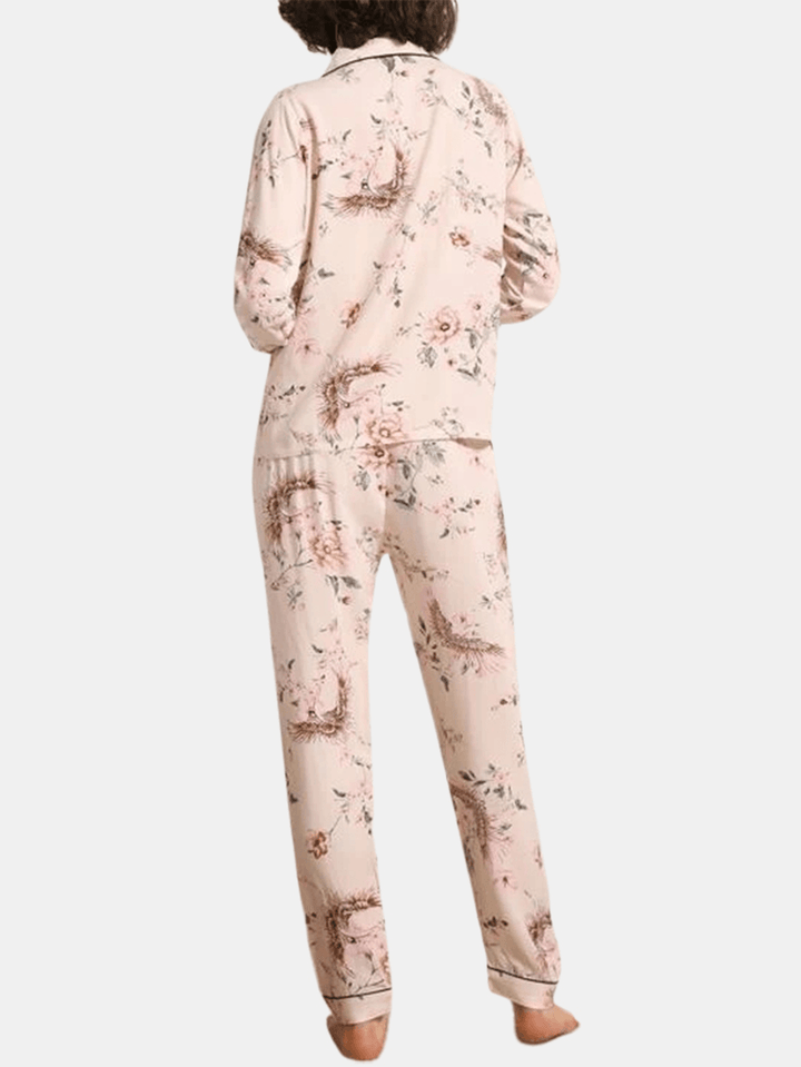 Women Floral Print Camp Collar Chest Pocket Long Sleeve Shirt & Pants Home Pajama Set - MRSLM