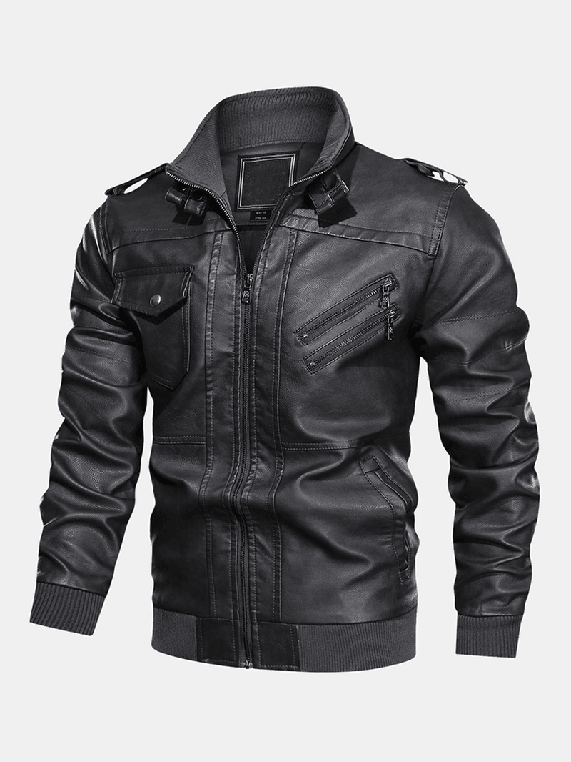 Mens Solid Color PU Leather Zip Front Biker Jackets with Multi Pockets - MRSLM