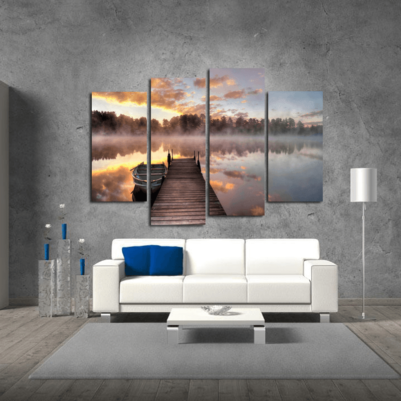 Miico Hand Painted Four Combination Decorative Paintings Foggy Lake Surface Wall Art for Home Decoration - MRSLM