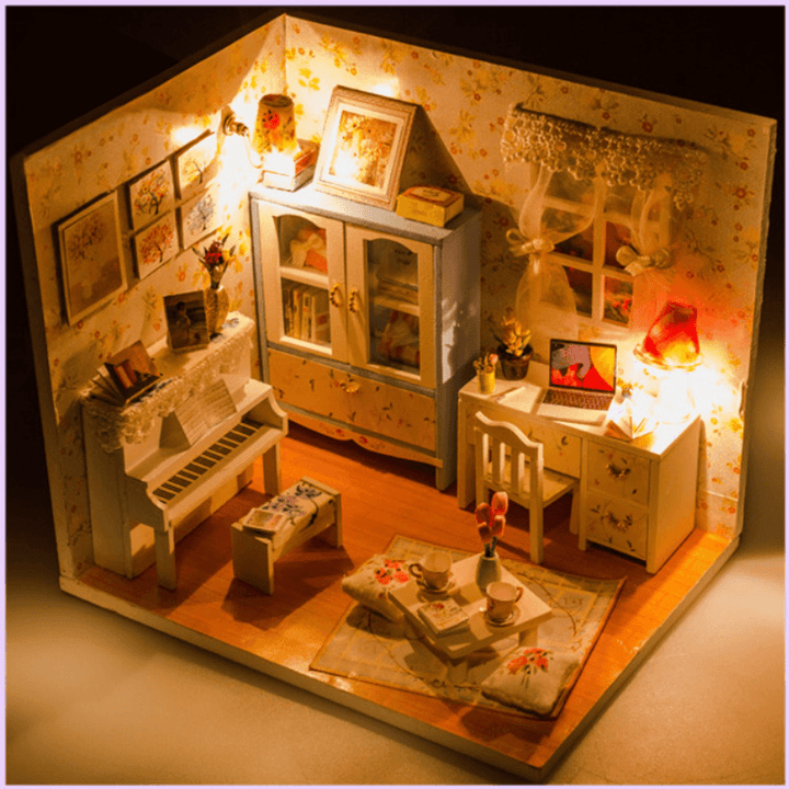 Wooden DIY Handmade Assemble Miniature Doll House Kit Toy with LED Light Dust Cover for Gift Collection Home Decoration - MRSLM
