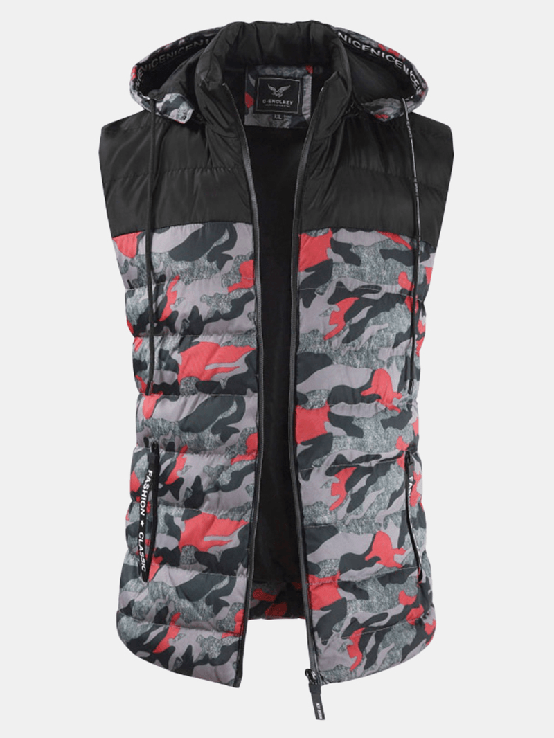 Mens Camo Patchwork Detachable Hooded Thick Warm Padded Vest - MRSLM