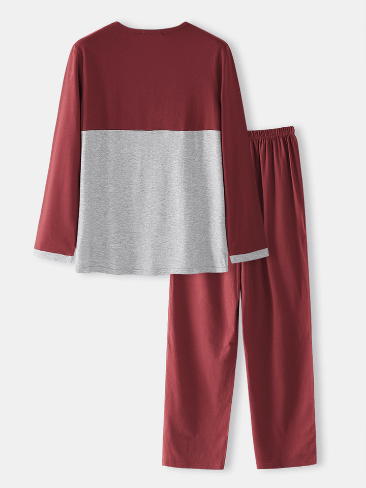 Mens Cotton Colorblock Half Button Loose Home Casual Warm Long Sleeve Pajamas Set - MRSLM