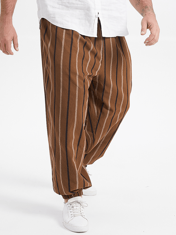 Plus Size Mens Vintage Striped Print Mid Waist Cotton Jogger Pants - MRSLM
