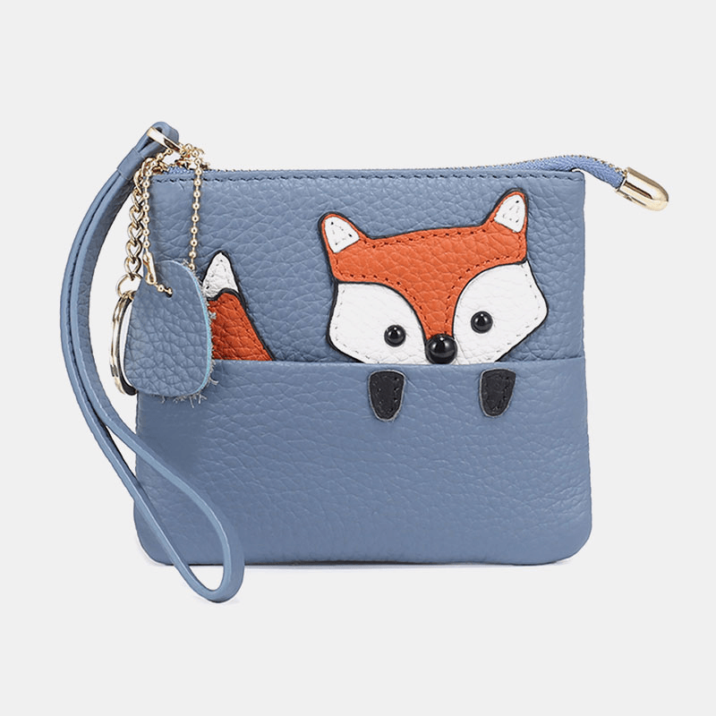 Women Genuine Leather Casual Cute Outdoor Cartoon Animal Fox Pattern Small Coin Bag Wallet - MRSLM