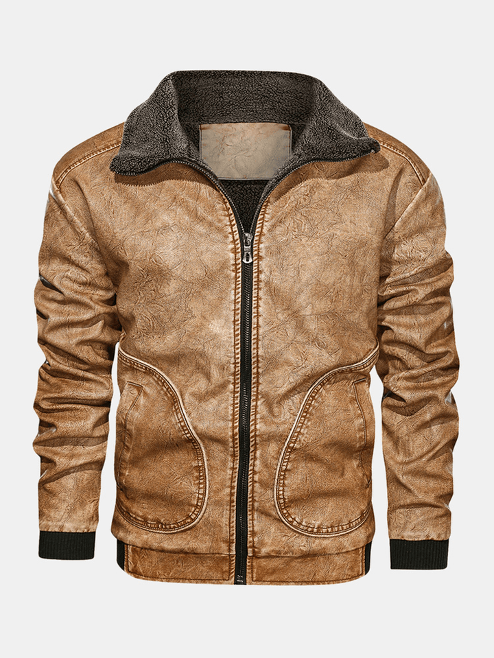 Mens Zip-Up Velvet Lined Stand Collar PU Leather Jackets - MRSLM