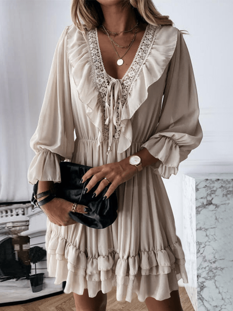 Solid Pleating Leisure Long Sleeve Casual Dress for Women - MRSLM