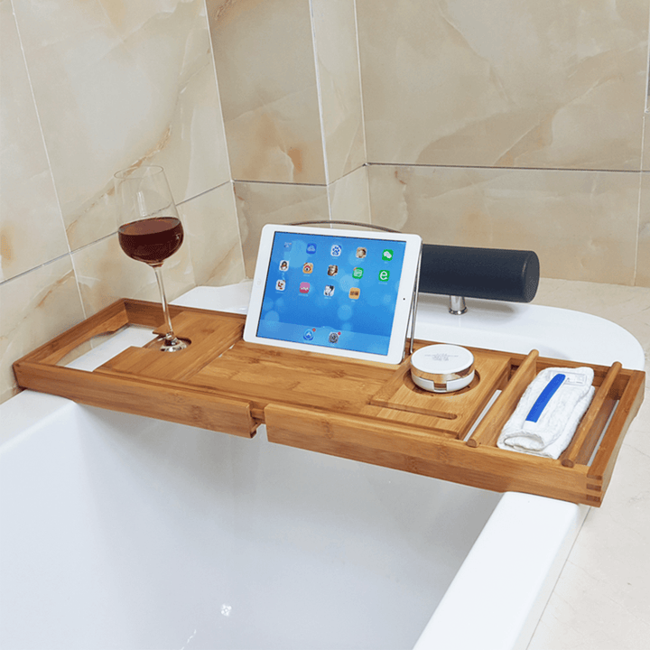 Honana BX-816 Expandable Bamboo Bath Caddy Wine Glass Holder Tray over Bathtub Rack Support Storage - MRSLM