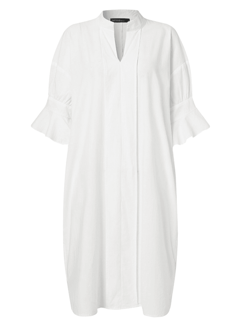 Casual Plain Lapel Button Half Sleeve Side Pocket Shirt Dress - MRSLM
