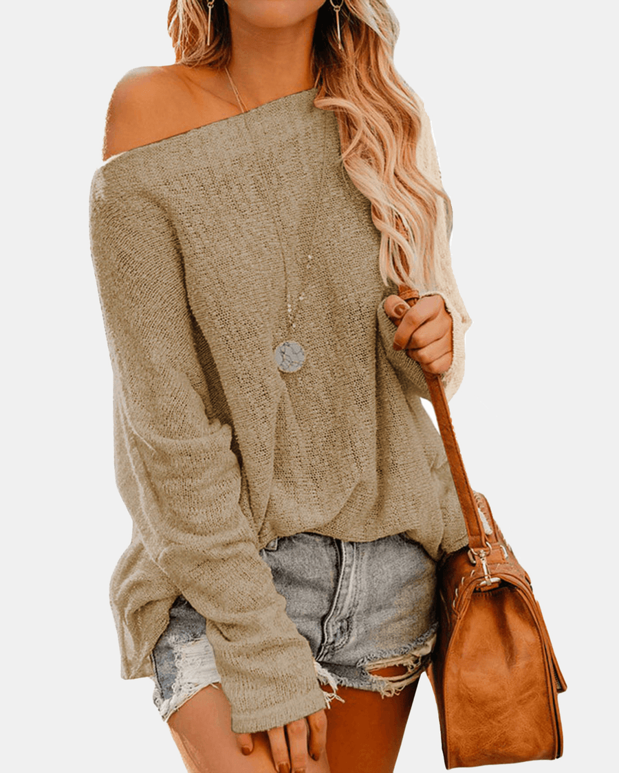 Women off Shoulder Long Sleeve Blouse Casual Pullover Knit Sweaters - MRSLM