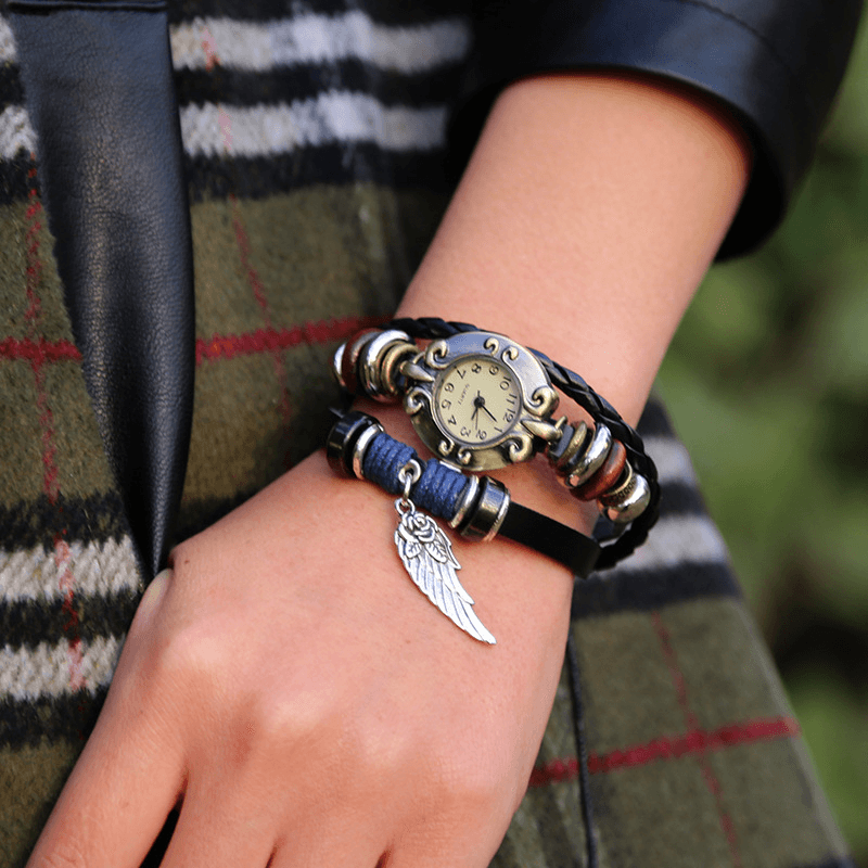 Vintage Cowhide Bracelet Watch Beaded Cross Pendant Leather Lady Bracelet Men Quartz Watch Bracelet - MRSLM