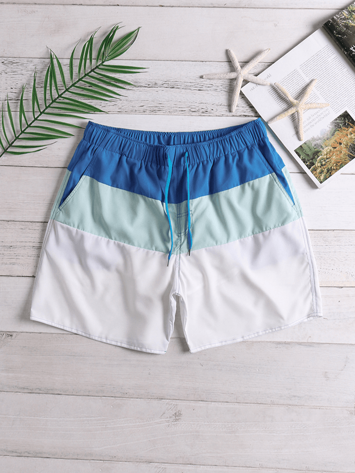 Mens Color Block White Beach Board Shorts Drawstring Quick Dry Mesh Liner with Pocket - MRSLM