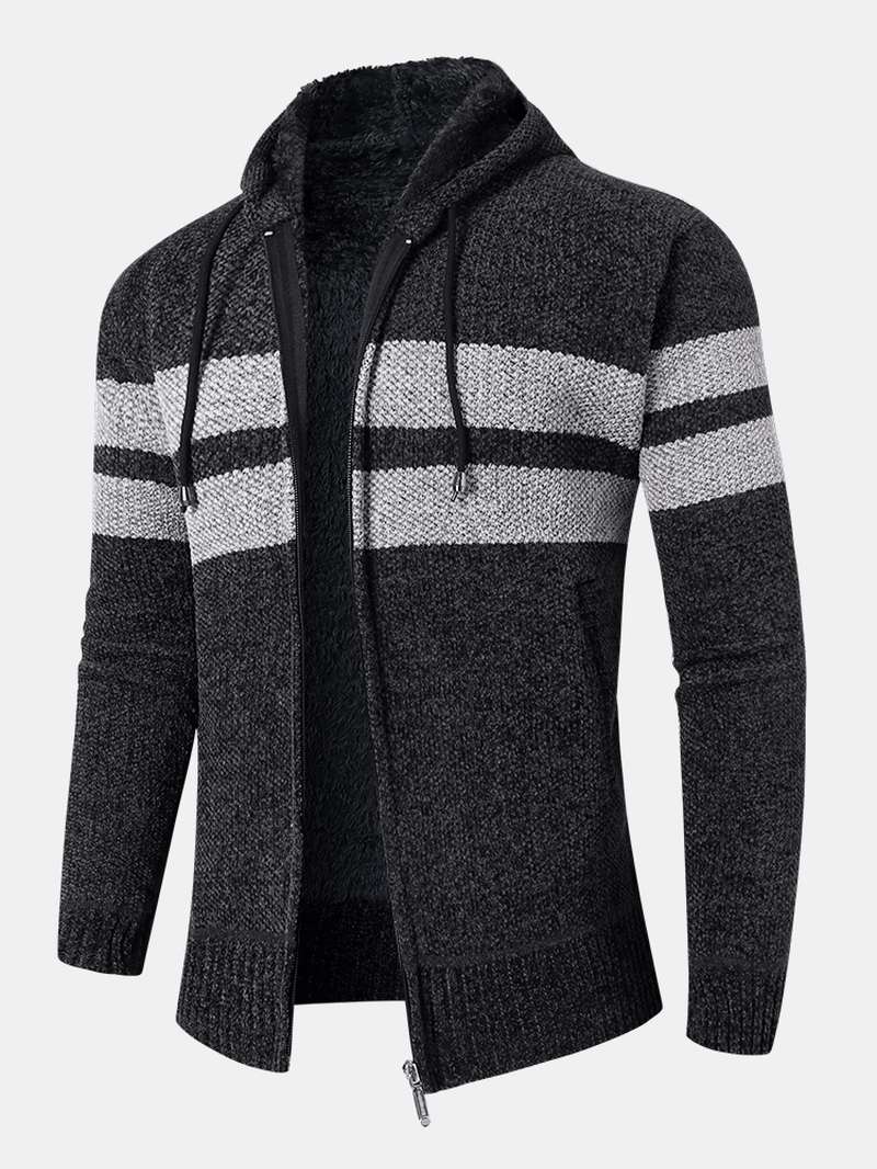 Mens Colorblock Knitted Zipper Warm Hooded Sweater Cardigans - MRSLM